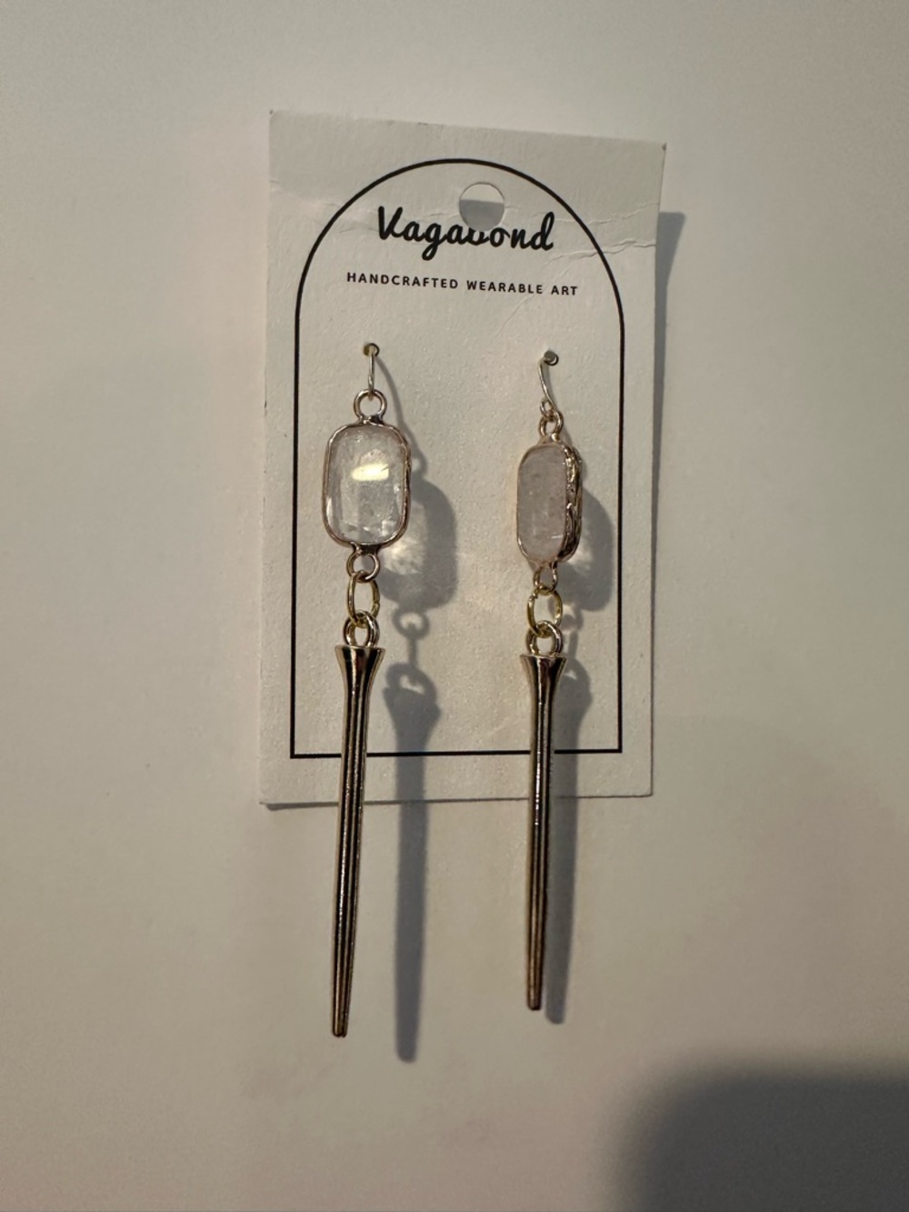 Vagabond White Stone Drop Earrings with Gold Spikes Long Dangles